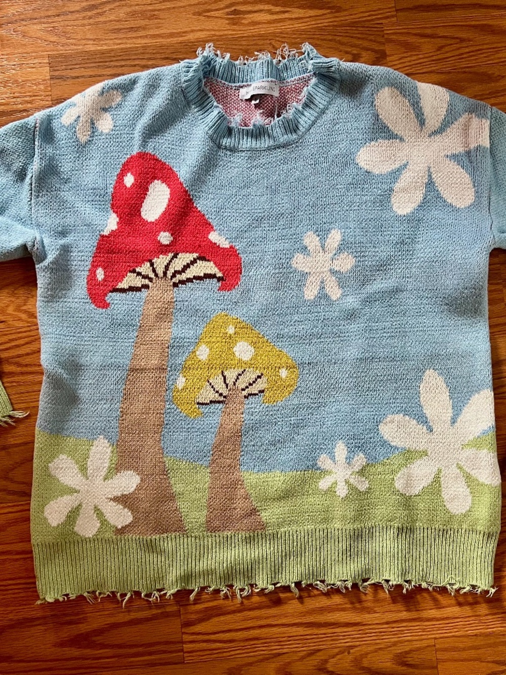 Miss Sparkling Mushroom & Daisy Patch Sweater Frayed Hem Womens L